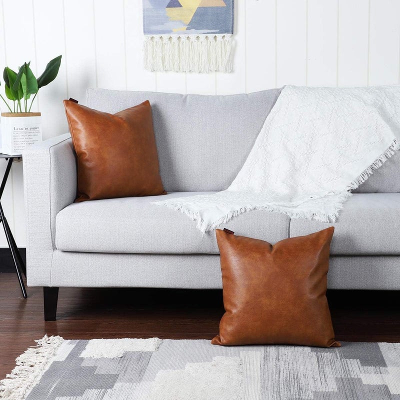 MANDIOO Set of 2 Faux Leather Decorative Throw Pillow Covers Modern Solid Outdoor Cushion Cases Luxury Pillowcases for Couch Sofa Bed 22x22 Inches Brown - Image 2